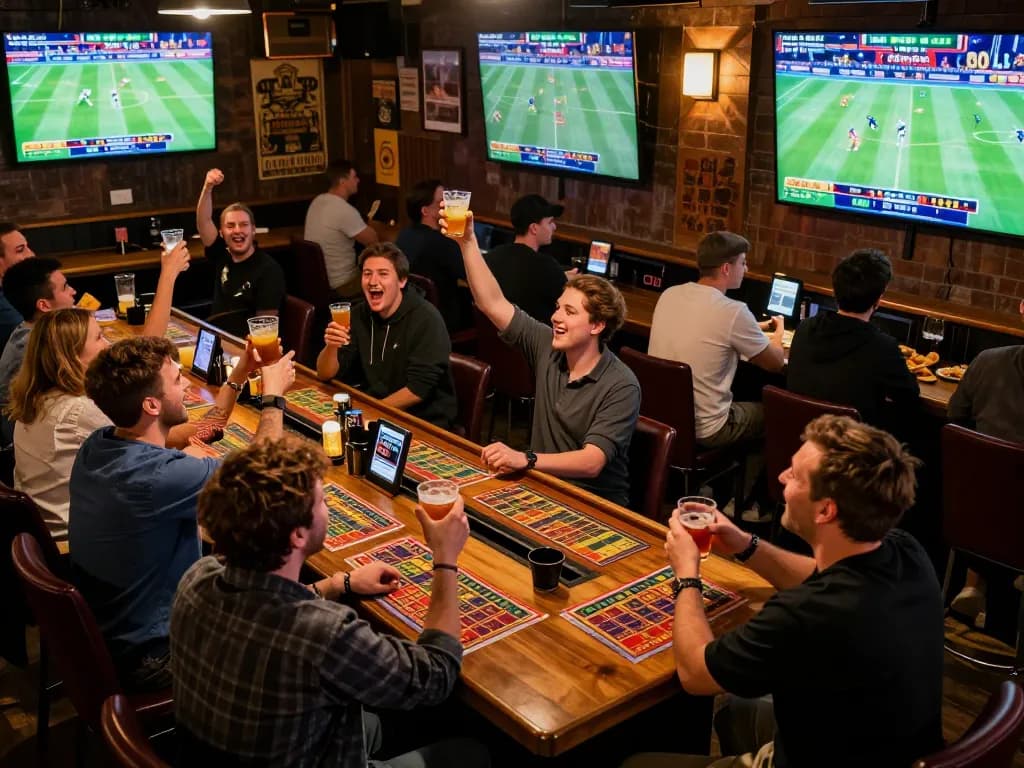 Fans celebrating wins while engaging in 7mcn sports betting at a vibrant bar setting.