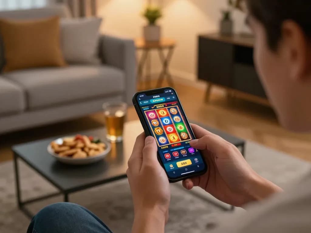 KWIN mobile casino gameplay in an inviting home setting with smartphone and snacks