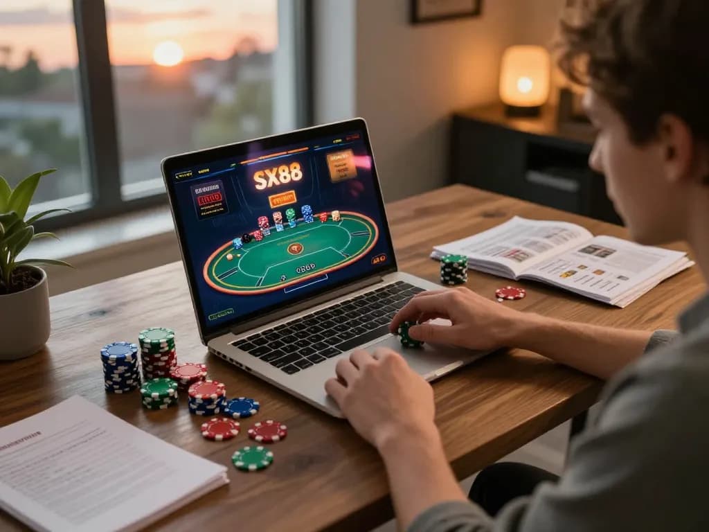 SX88 user enjoying an online poker game featuring colorful chips and strategy notes in a cozy home environment.