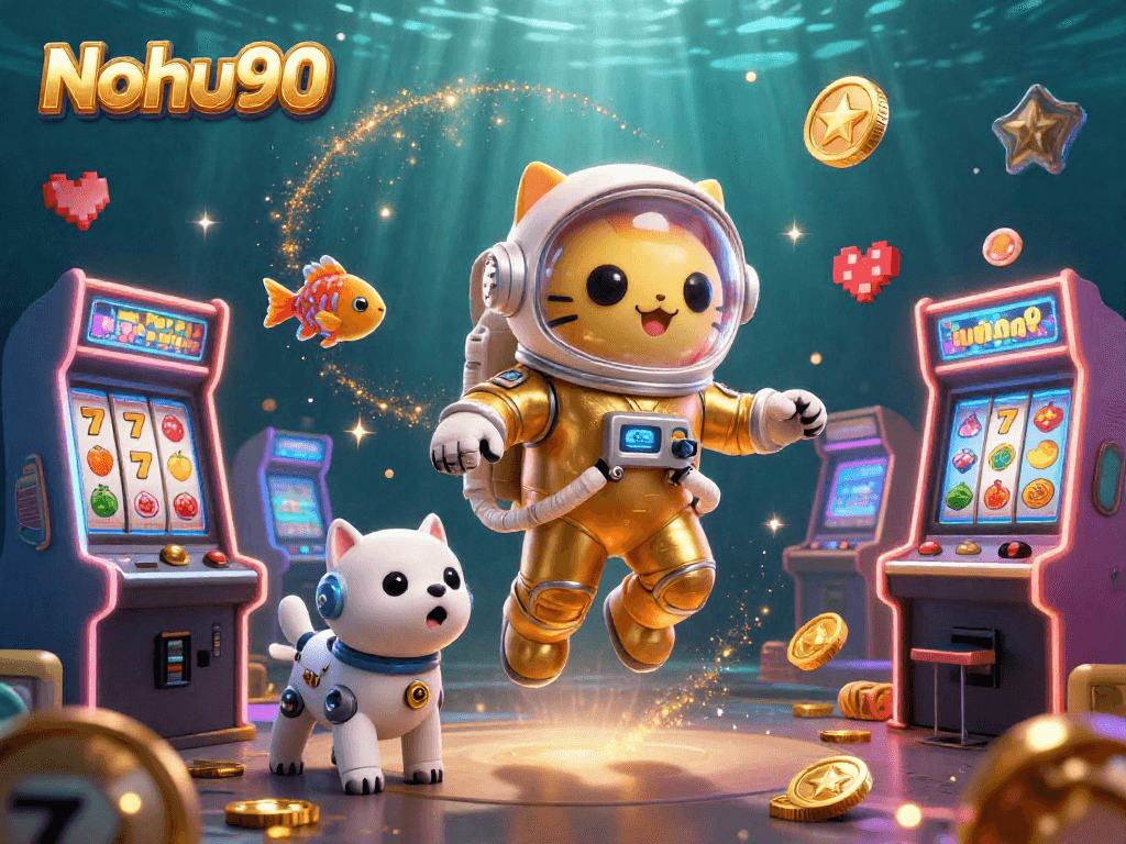 Nohu90 showcases slots in a vibrant 3D scene with a golden astronaut cat and colorful gaming elements, merging fun and gaming adventure.