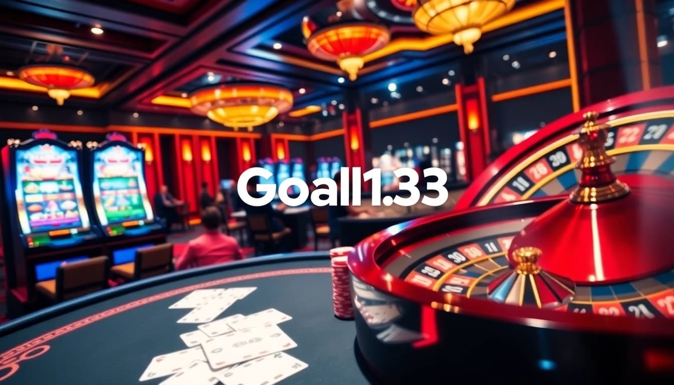 Experience high-stakes gambling excitement at Goal123 with elegant poker tables and vibrant slot machines.