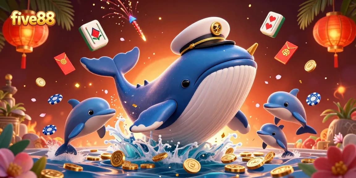 Engage with five88 by exploring a vibrant casino scene featuring a playful whale and dolphin duo.