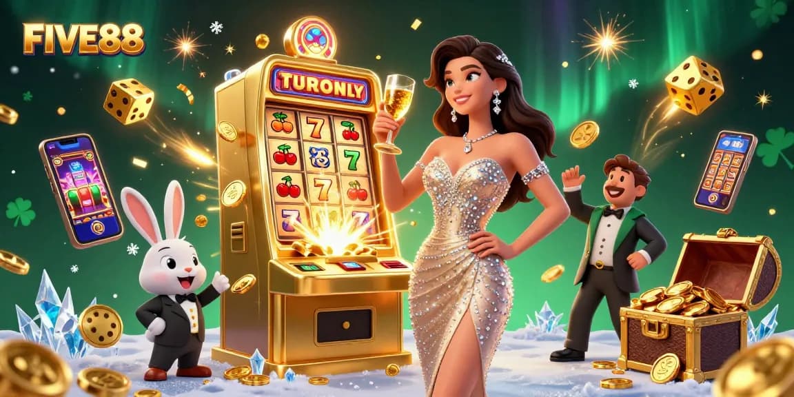 Celebrate at FIVE88 with a glamorous woman beside a jackpot slot machine, gold coins flying.