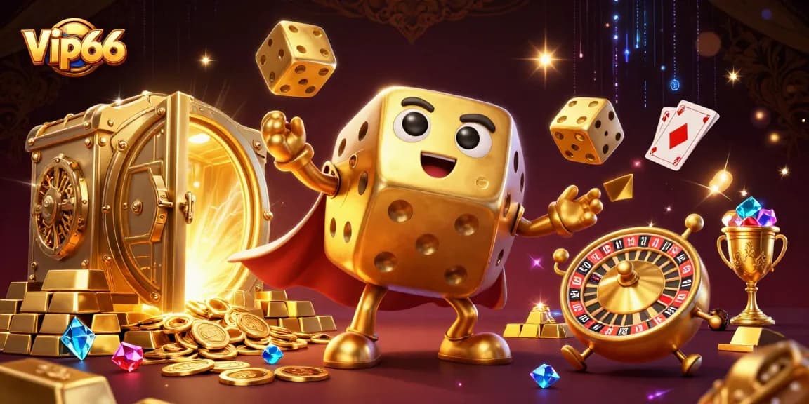 Experience thrilling gaming action with Vip66's vibrant casino elements in this dynamic illustration.