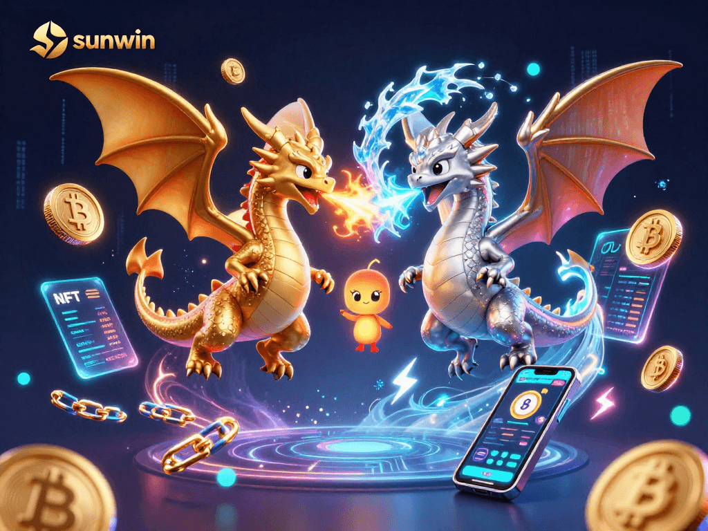 Play and win with sunwin’s vibrant 3D dragons amidst crypto-themed gaming elements.