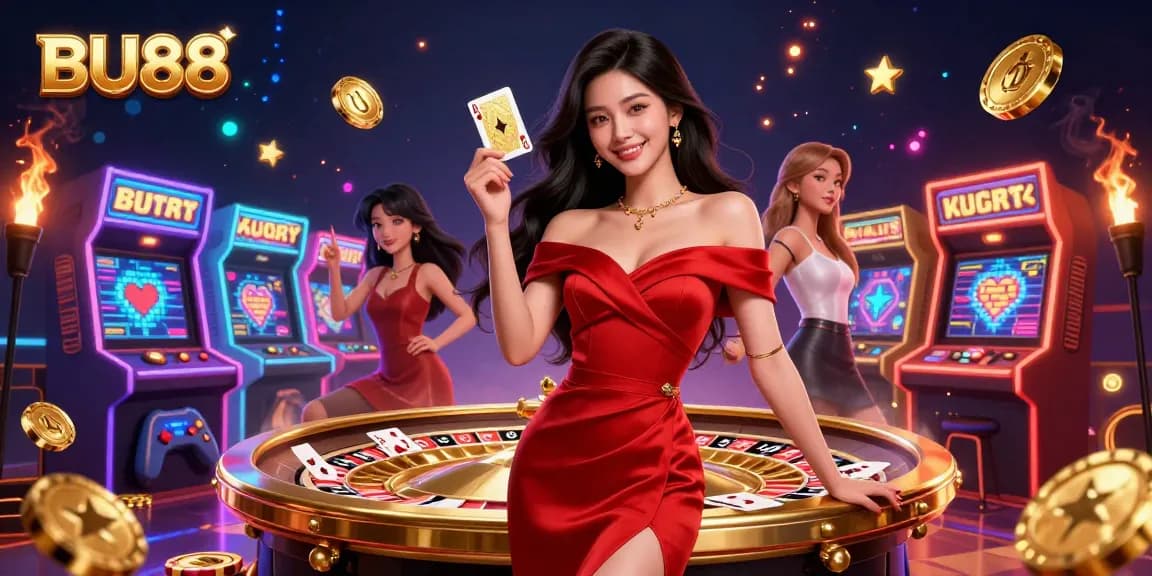Engage in thrilling casino excitement at BU88 with a stunning roulette scene and vibrant game elements.