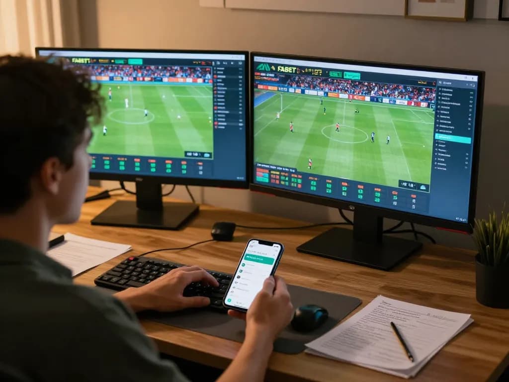 Engaging online betting session on FABET platform with multiple screens displaying live sports action.
