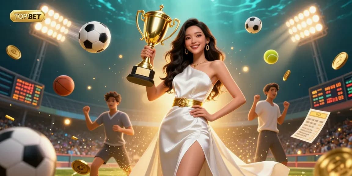 Engage in winning strategies at TOPBET with a victorious figure holding a trophy amidst dynamic sports betting elements.