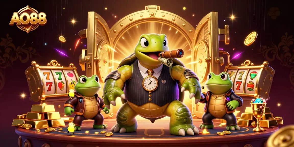 Engage with AO88's vibrant online casino world, featuring a snapping turtle in a vintage suit amidst slot game elements.