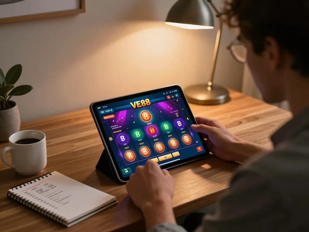 Engaging with VE88 online casino interface, showcasing responsible gaming strategies in a cozy home setup.