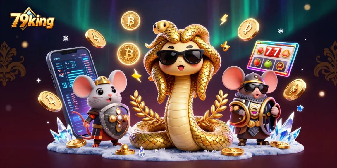 Experience thrilling gameplay at 79king with slots and characters amidst crypto coins.