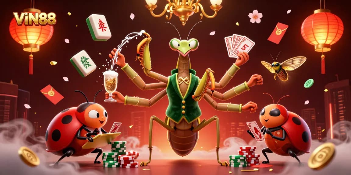 Experience the excitement of VIN88 with this vibrant casino-themed illustration showcasing games and characters.