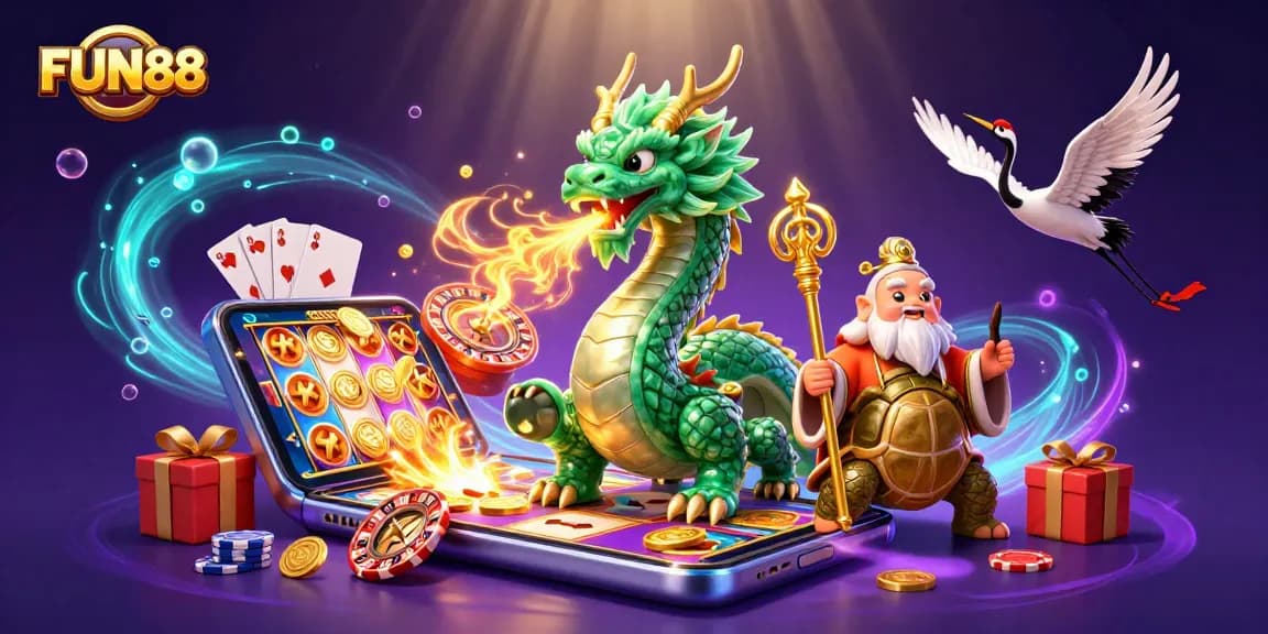 Engage with FUN88's dynamic gaming world featuring a jade dragon, turtle sage, and lucky cranes.