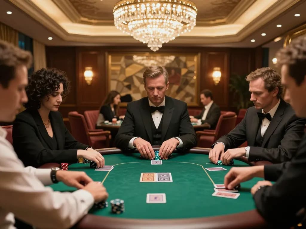 DA88 poker action in a luxurious high-roller room, showcasing players engaged in strategic gameplay.