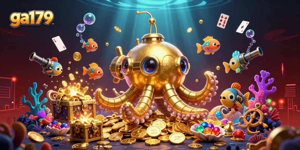 Engage with ga179's thrilling casino experience alongside a golden kraken submarine emerging from coins.