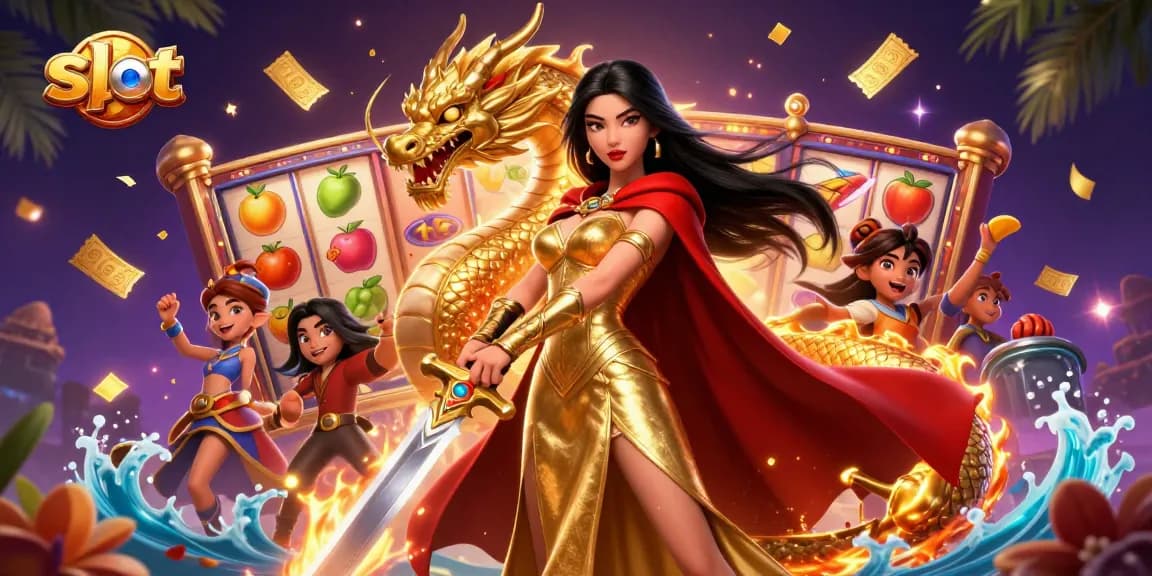 Spin vibrant slot reels and jackpot counters with a warrior queen amidst golden dragon and colorful confetti