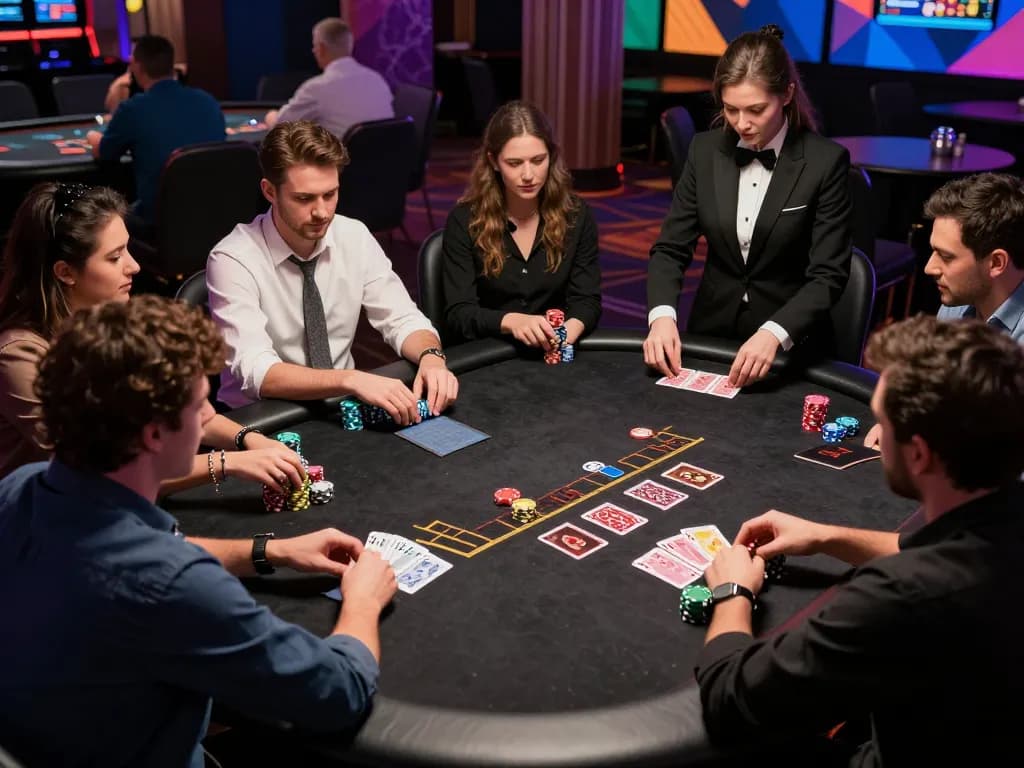 Players engaged in a high-stakes blackjack game at NOHU90 casino, strategy and excitement in every move.