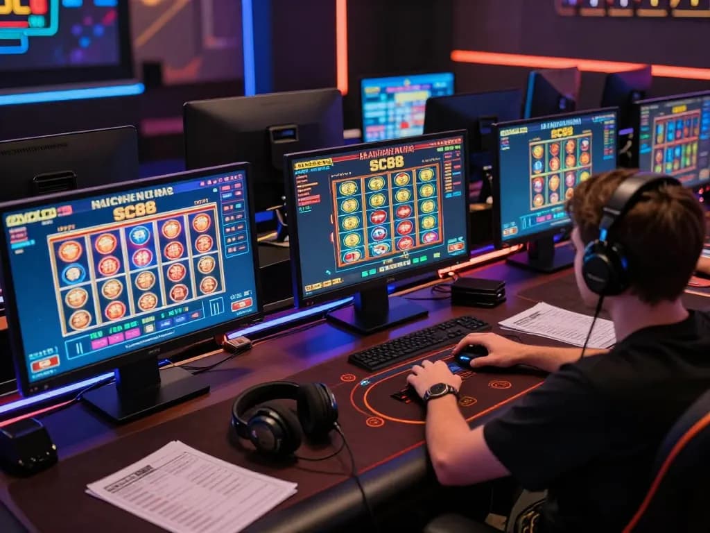 Engaging online SC88 gaming setup with multiple screens displaying casino games, showcasing strategic play