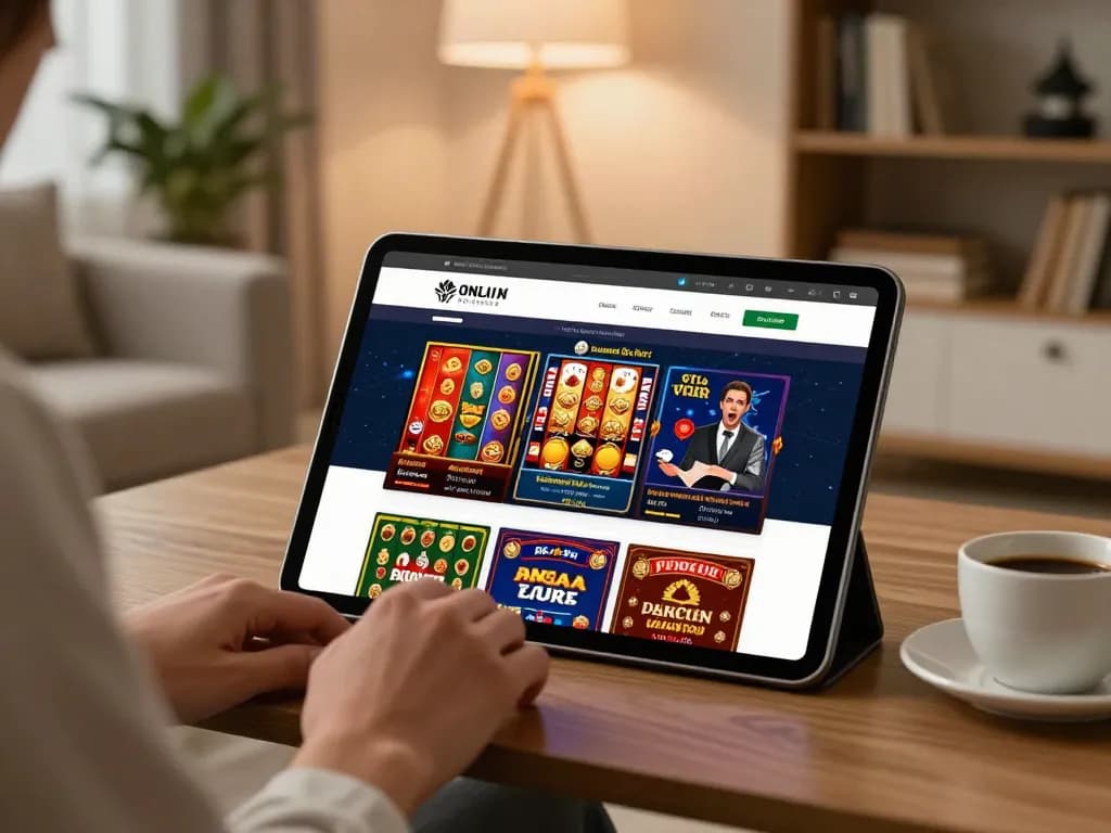 Playing games on rikvip app in a cozy living room with tablet display, showcasing responsible online gambling