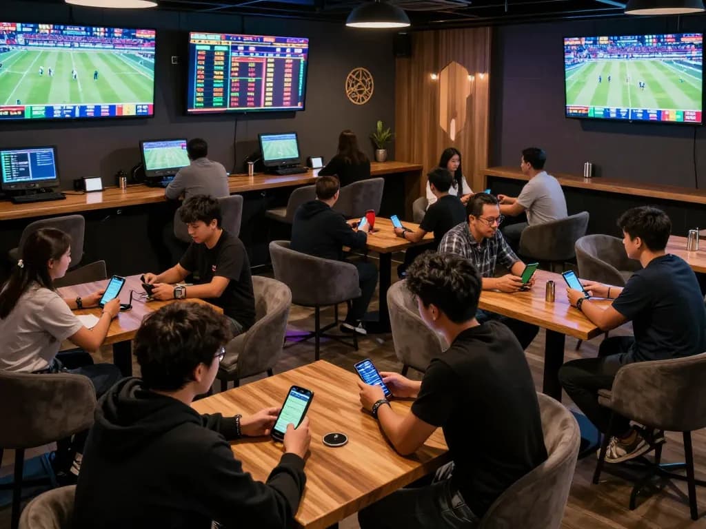 Kèo Nhà Cái active betting scene with players engaging in live sports discussions and app usage, showcasing excitement.