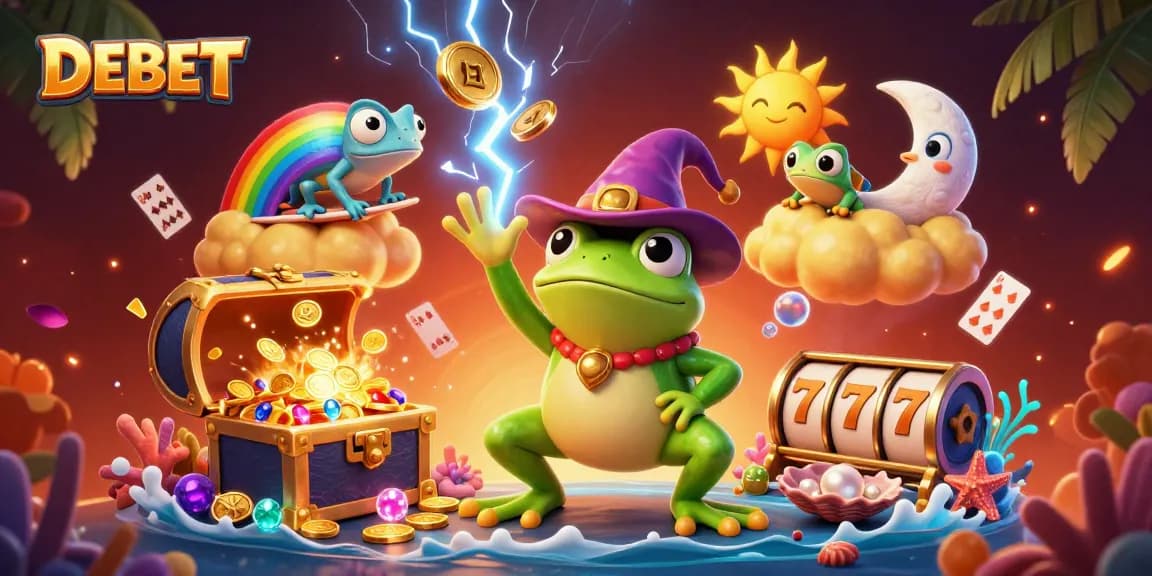 Experience the thrill of DEBET as a wizard frog conjures coins alongside a jackpot chameleon in vibrant 3D.