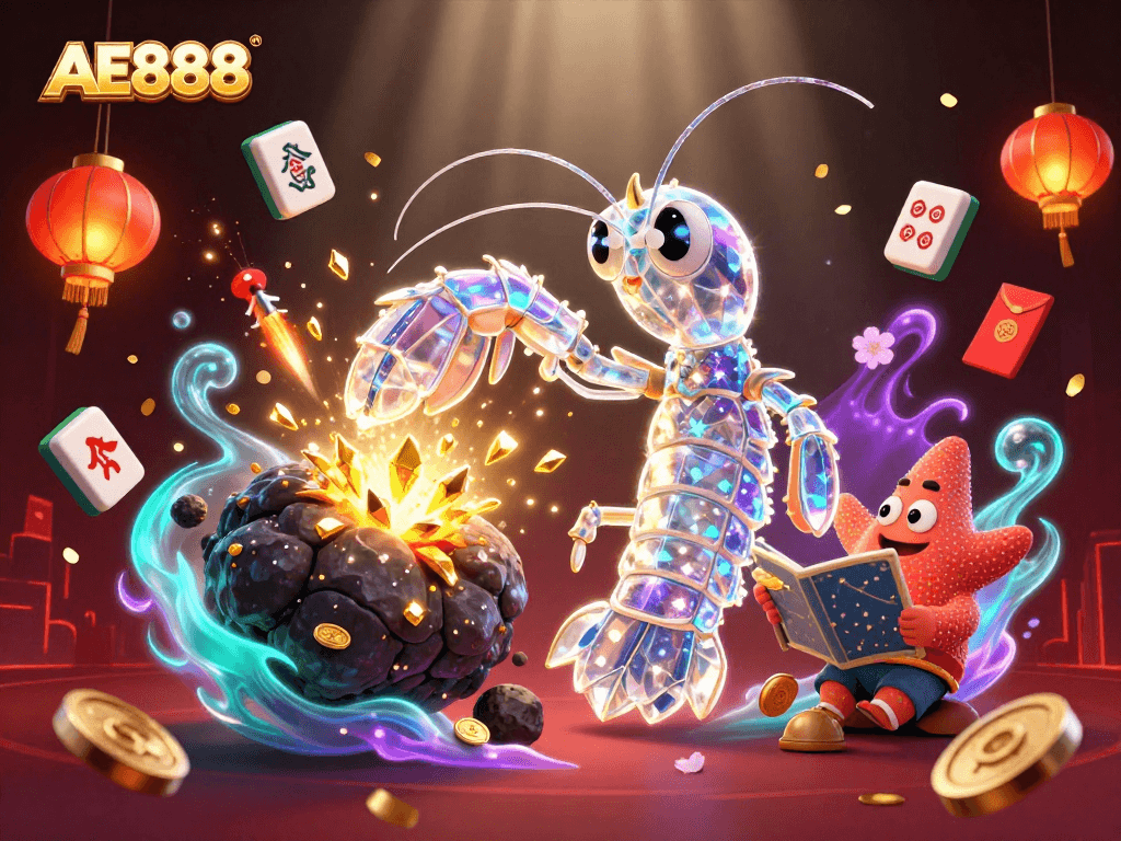 Bet big with AE888 in a vibrant 3D cosmic casino scene full of treasures and excitement.