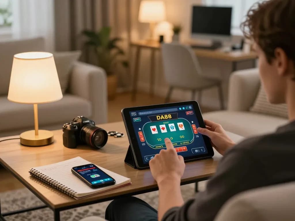 Engaging with DA88 poker game on tablet during home gaming session, showcasing strategic notes and smartphone.