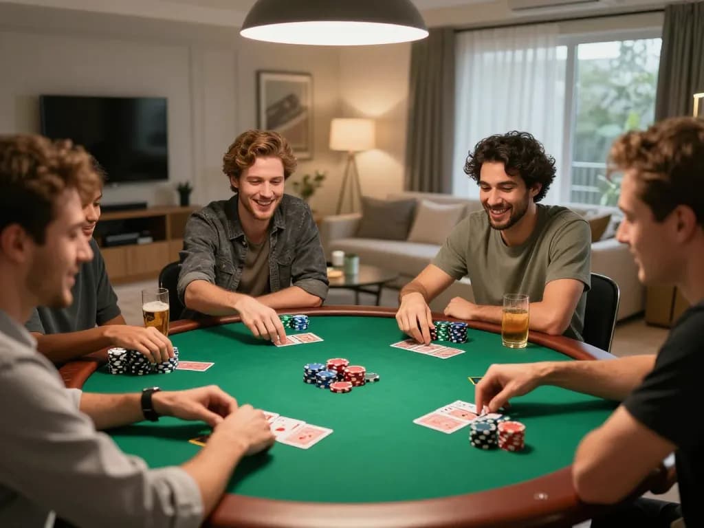 Friends playing poker at home with drinks and snacks, enjoying 789club games in a cozy environment.