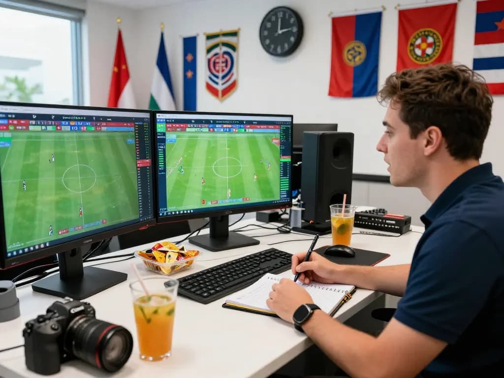 Dynamic sports betting analysis showcasing kèo nhà cái updates with monitors, notebooks, and team flags.