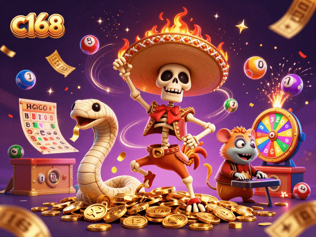 Experience the thrill of winning at c168 with lively characters celebrating in a vibrant casino scene.