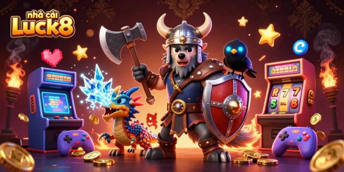 nhà cái Luck8 offers thrilling casino adventures with a Viking warrior, dragon, and arcade games.