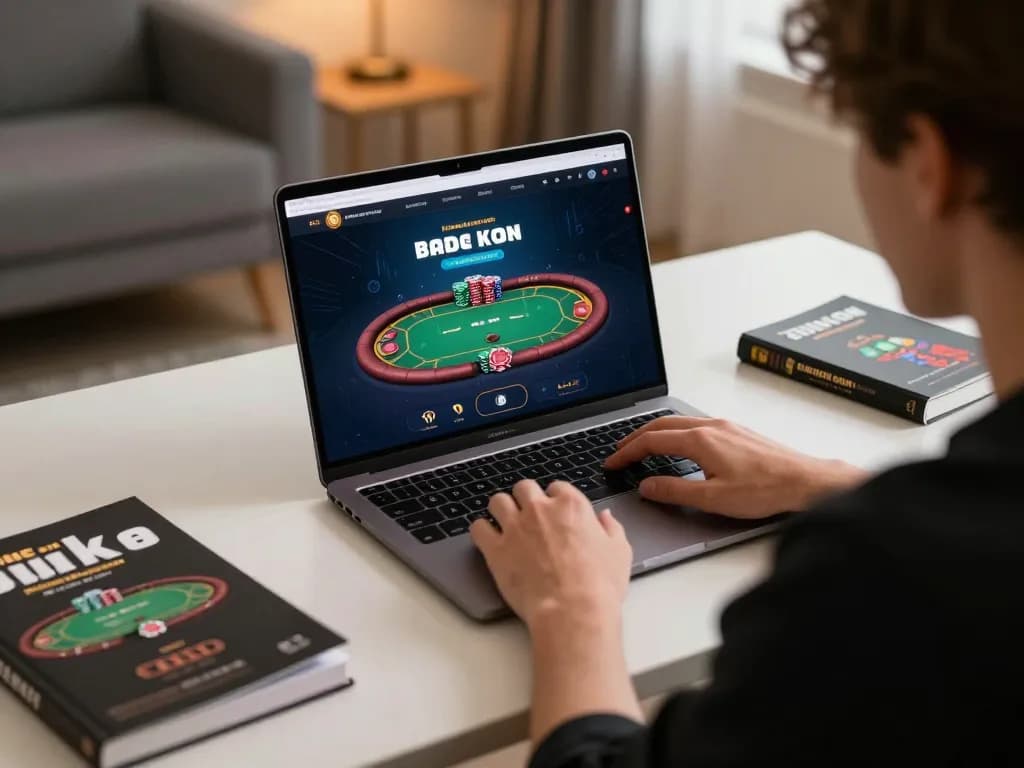 xibet online casino gameplay from a laptop, highlighting poker strategy in a cozy gaming environment
