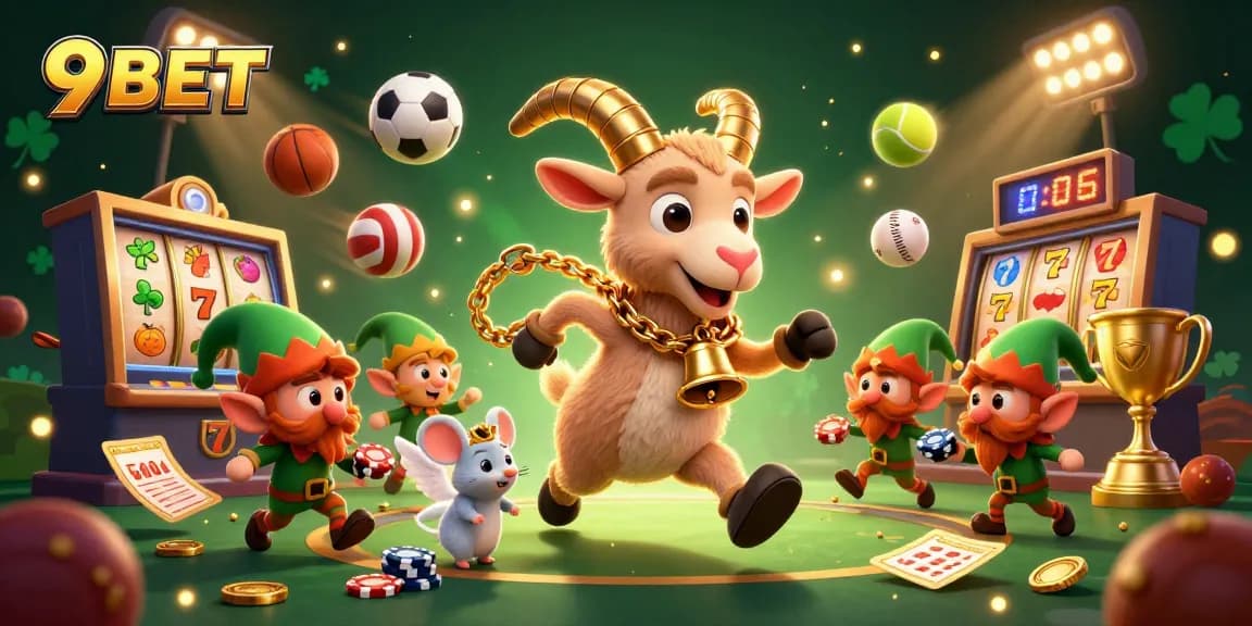 Play exciting slots at 9BET with engaging characters and festive casino themes in this captivating illustration.