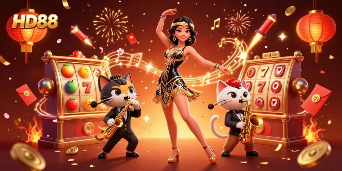 Experience the excitement of HD88 casino games with a vibrant 3D illustration of characters celebrating.