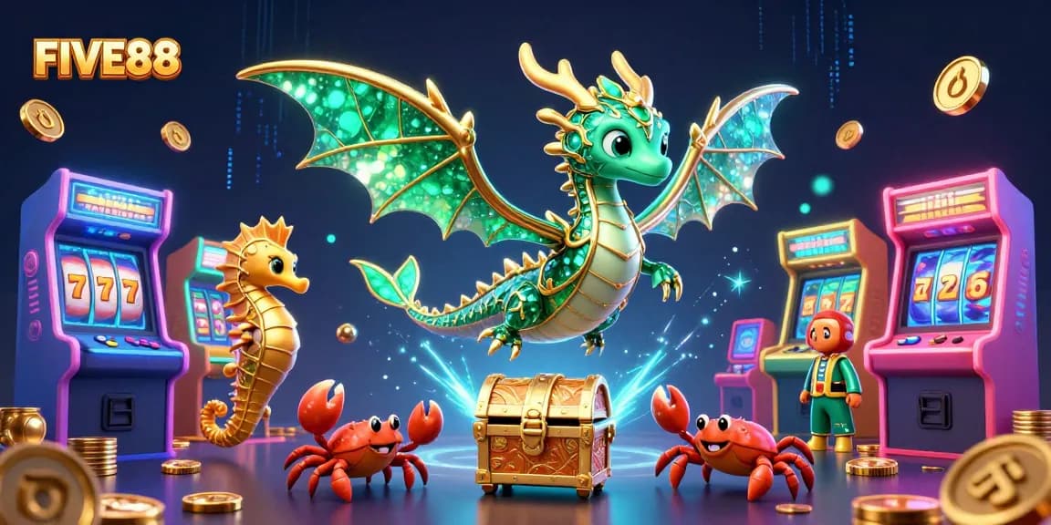 Experience the excitement at FIVE88 Casino with vibrant gaming elements and a magical backdrop.