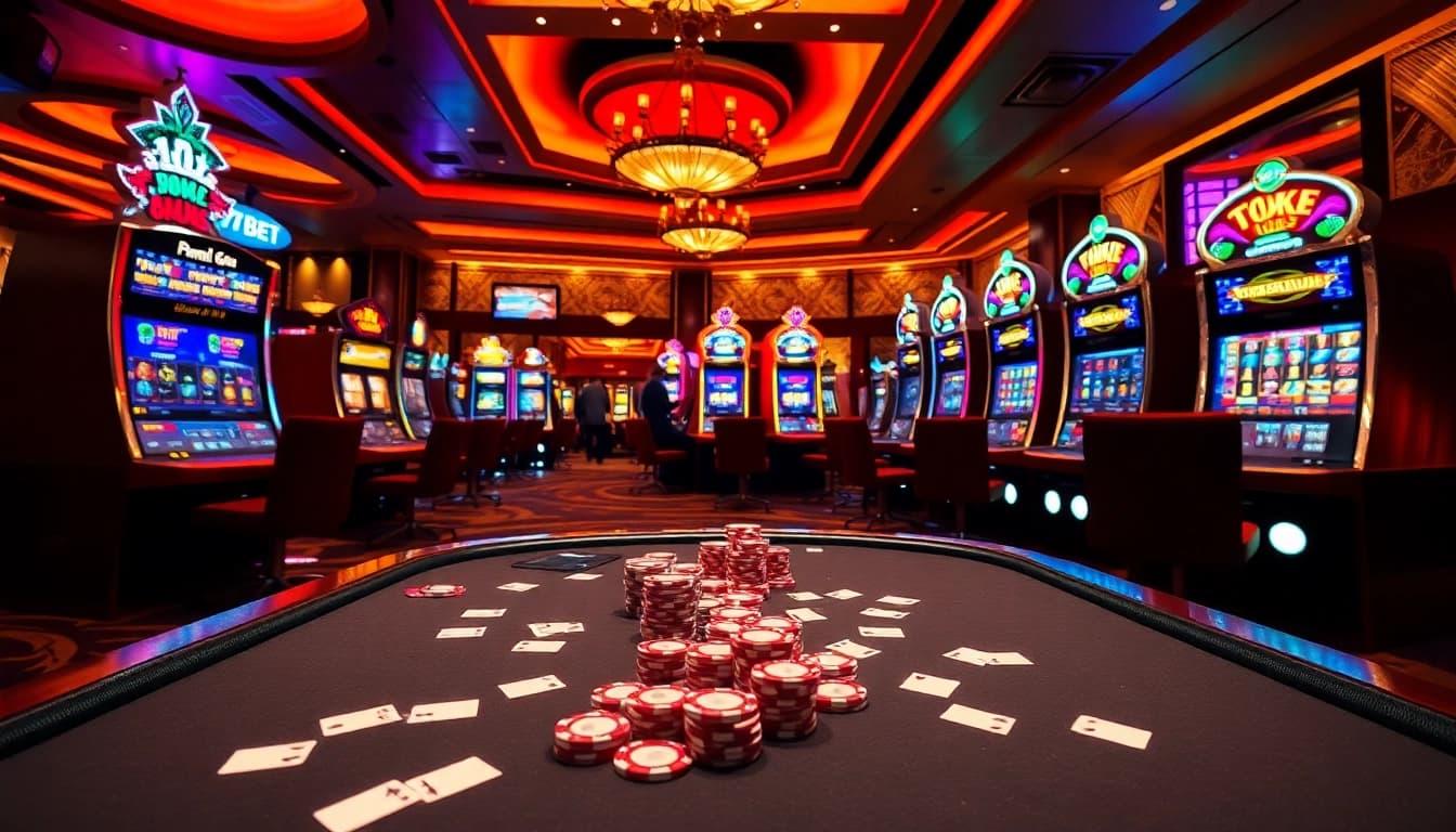 Players enjoying thrilling games at 789BET's luxurious casino, showcasing poker chips and vibrant slot machines.