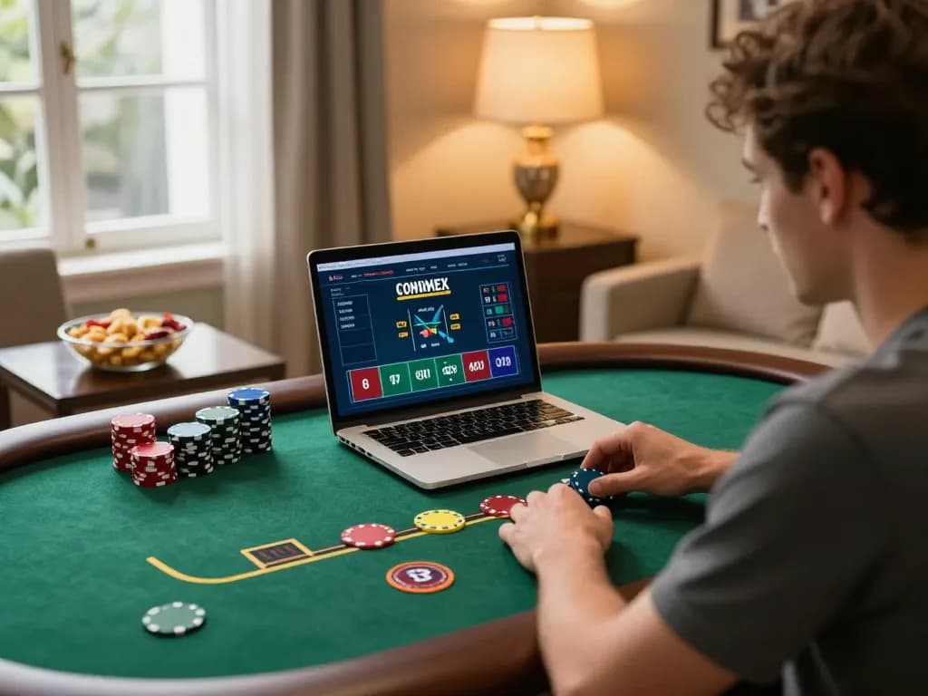 Player engaging in an online poker game at https://play-hbet.com/, showcasing a cozy home setup with strategic elements.