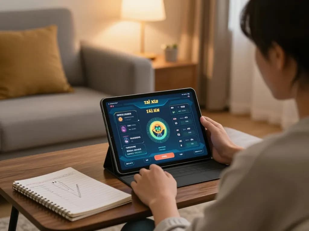 Engaging in tài xỉu online gaming on a tablet in a cozy home setting