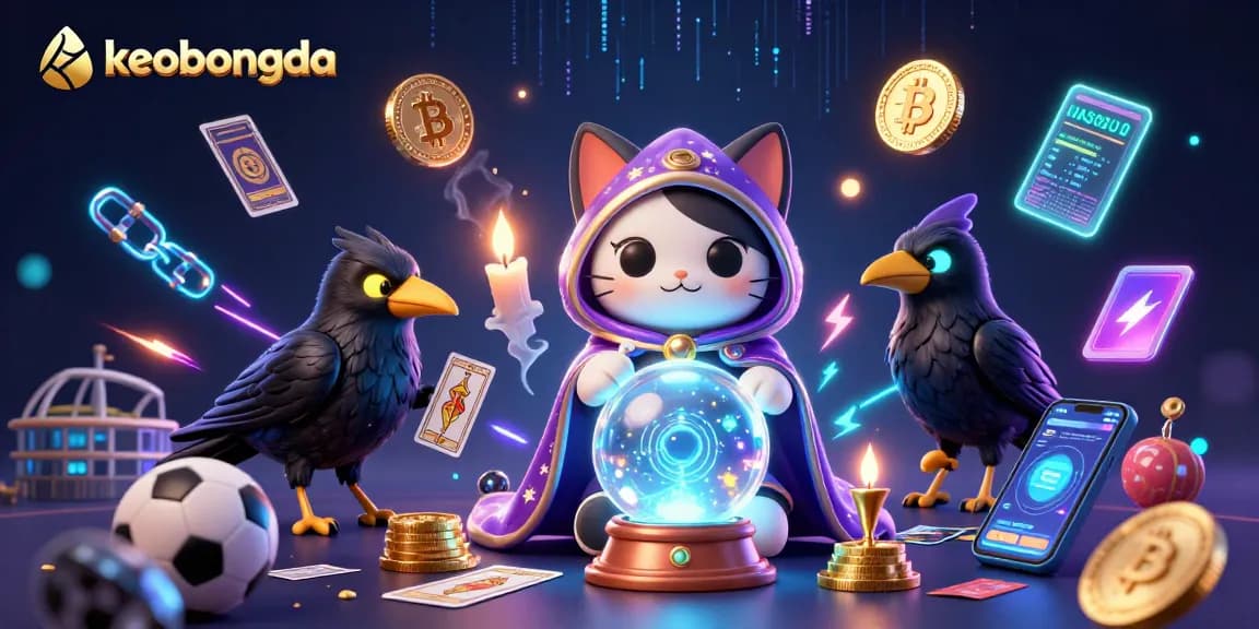 Engage with keobongda's vibrant sports betting scene showcasing a mystical cat and raven with dynamic symbols.