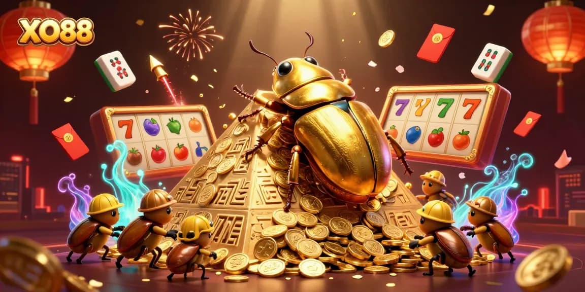 Experience thrilling XO88 excitement with cartoon beetles and slot game elements in an engaging casino scene.