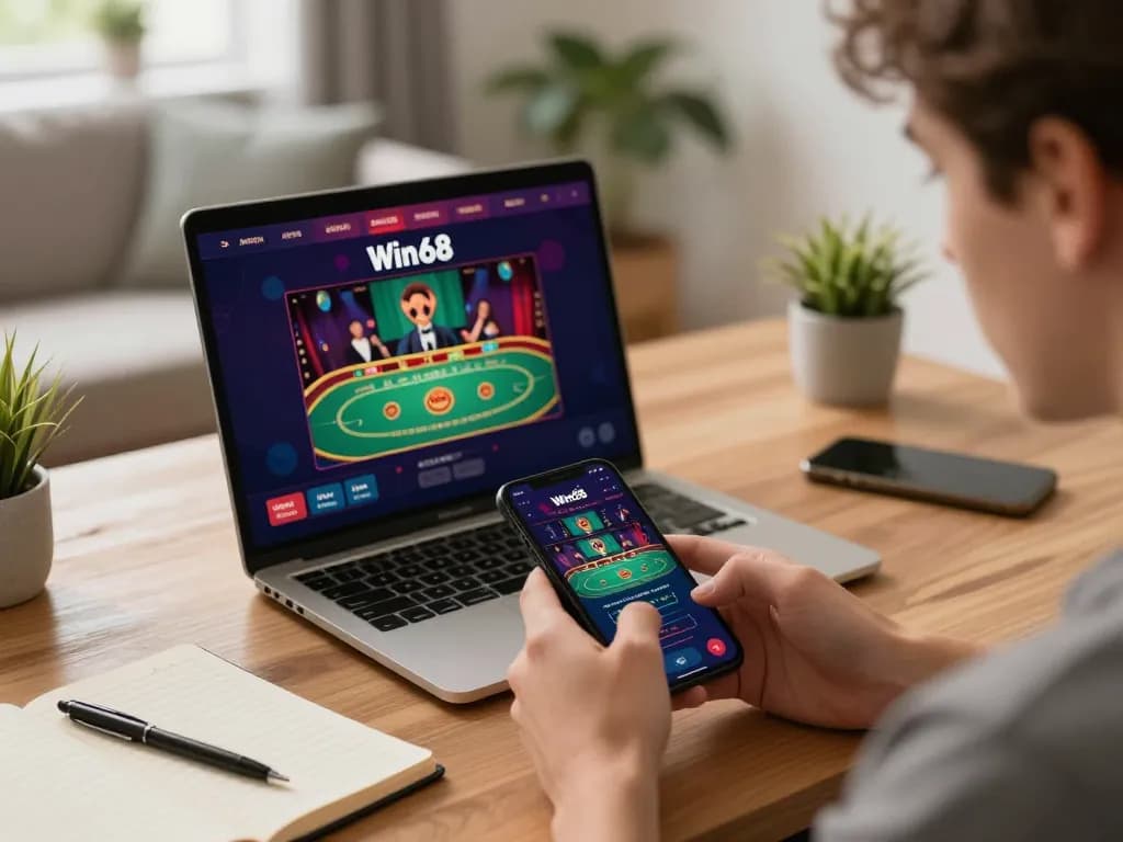 Enjoying interactive gaming on win68 app while utilizing strategic betting notes in home office.
