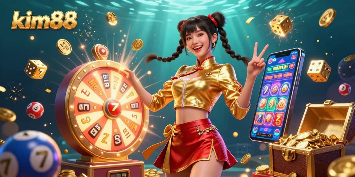 Experience thrilling gameplay at kim88 with vibrant 3D lottery balls, spinning wheels, and exciting casino elements.