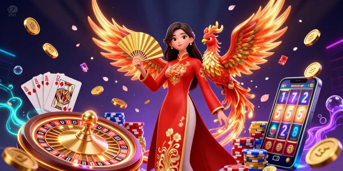 Zbet features a stunning 3D casino scene with golden coins, a phoenix, and cherry blossoms for dynamic gambling action.