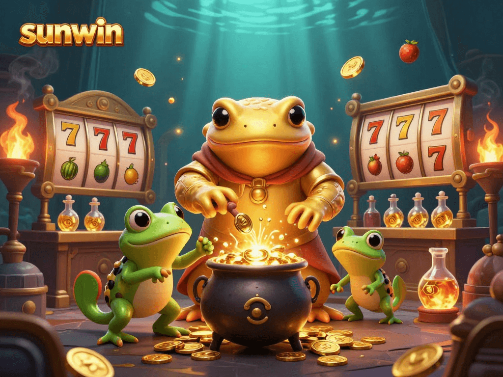 Win big with sunwin's magical 3D alchemist generating golden treasures in a vibrant casino scene.