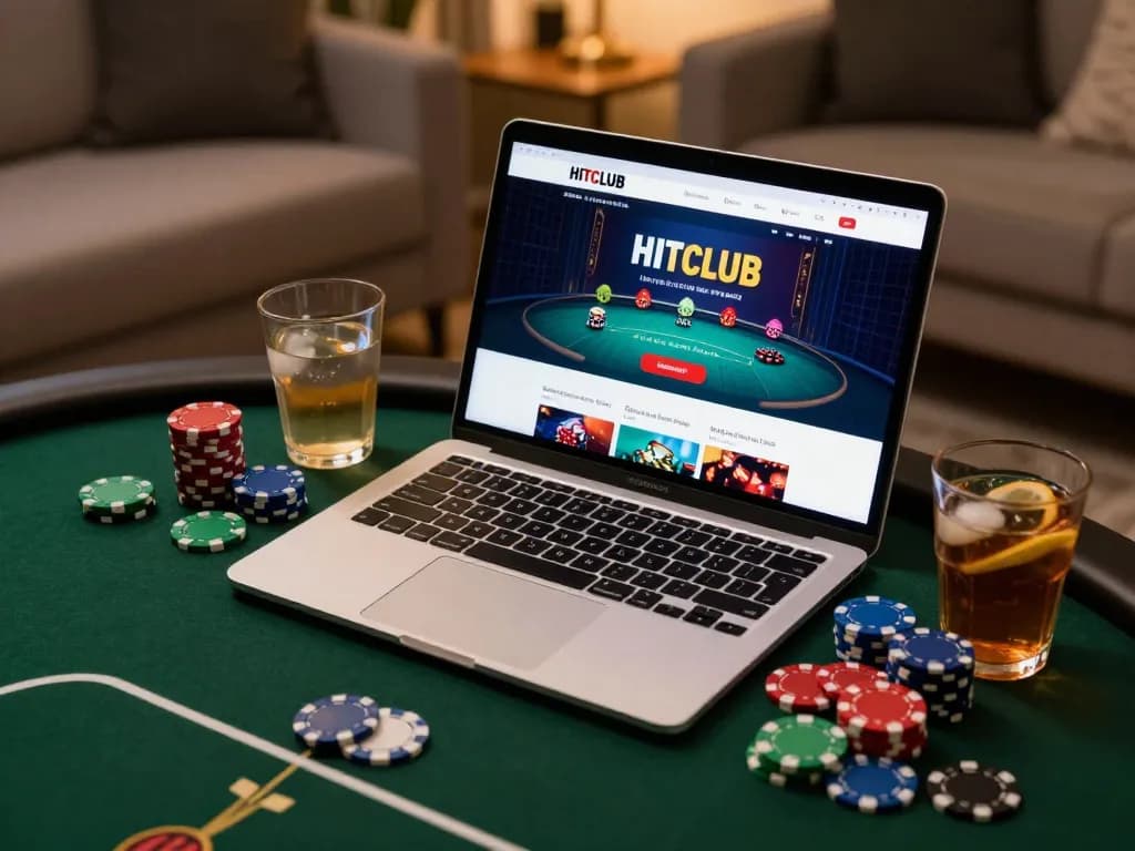Engaging poker action on HITCLUB platform with colorful chips and drinks in modern home.
