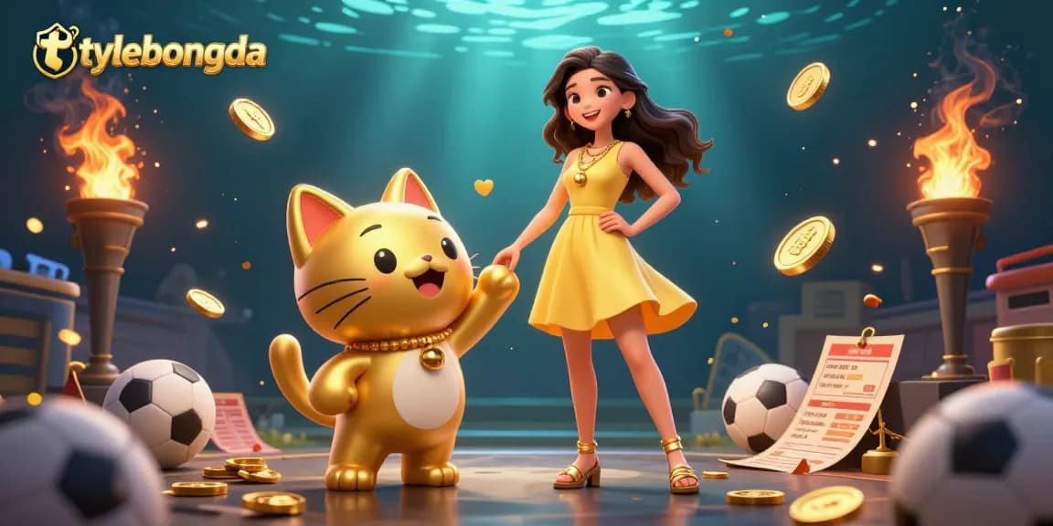 Tylebongda's engaging sports betting scene featuring a cheerful woman with a lucky cat mascot amidst sports elements.