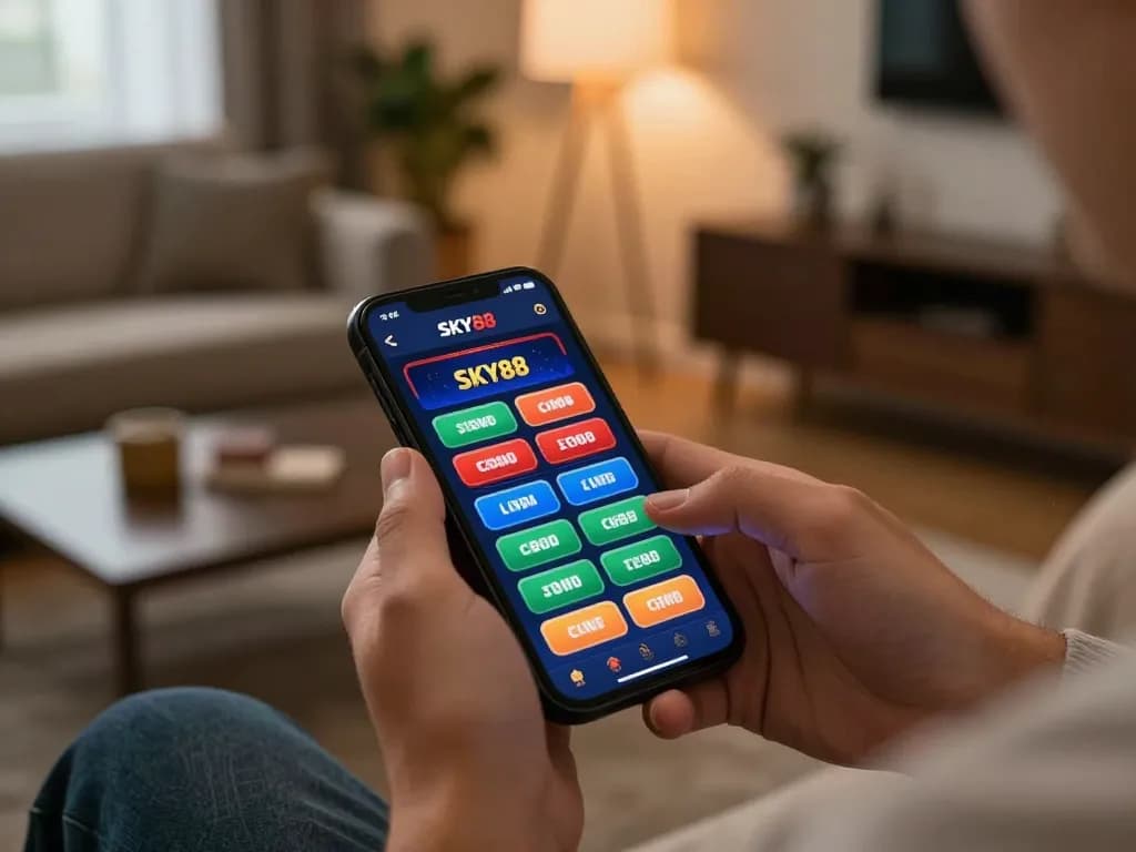 Experience the excitement of betting on SKY88 through a mobile app interface in a cozy home.