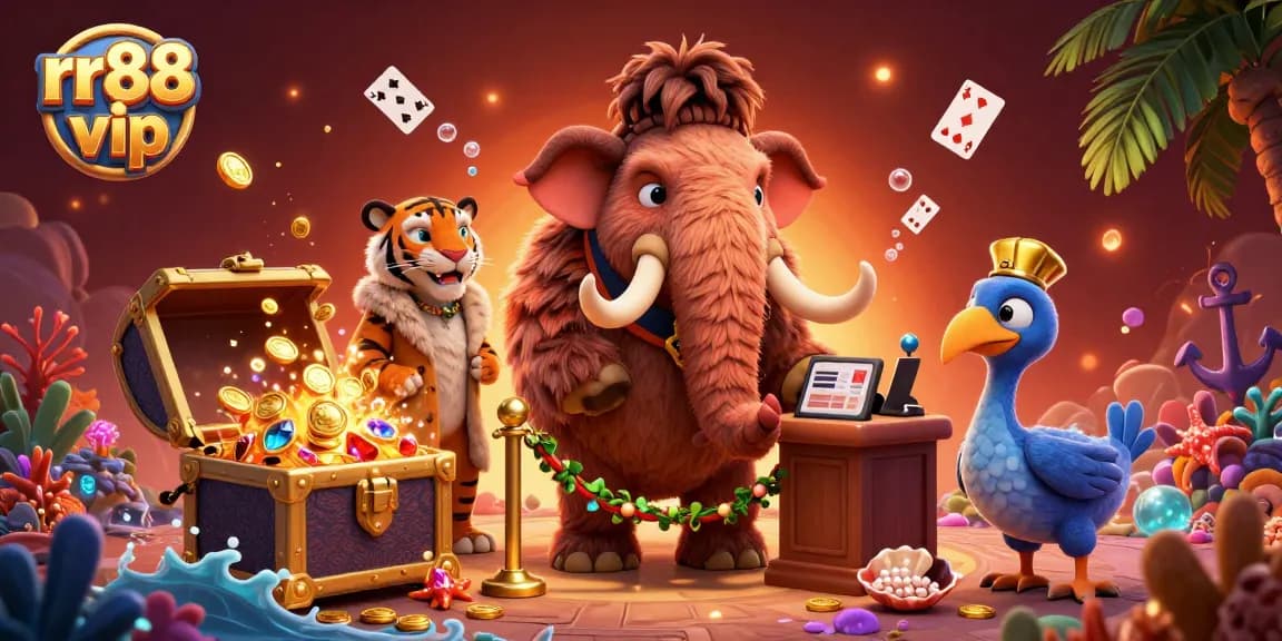 Join the rr88 vip experience at an extravagant casino scene with vibrant 3D characters and gems.