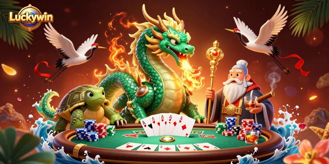 Experience thrilling gameplay at Luckywin with a captivating dragon and vibrant poker scene.