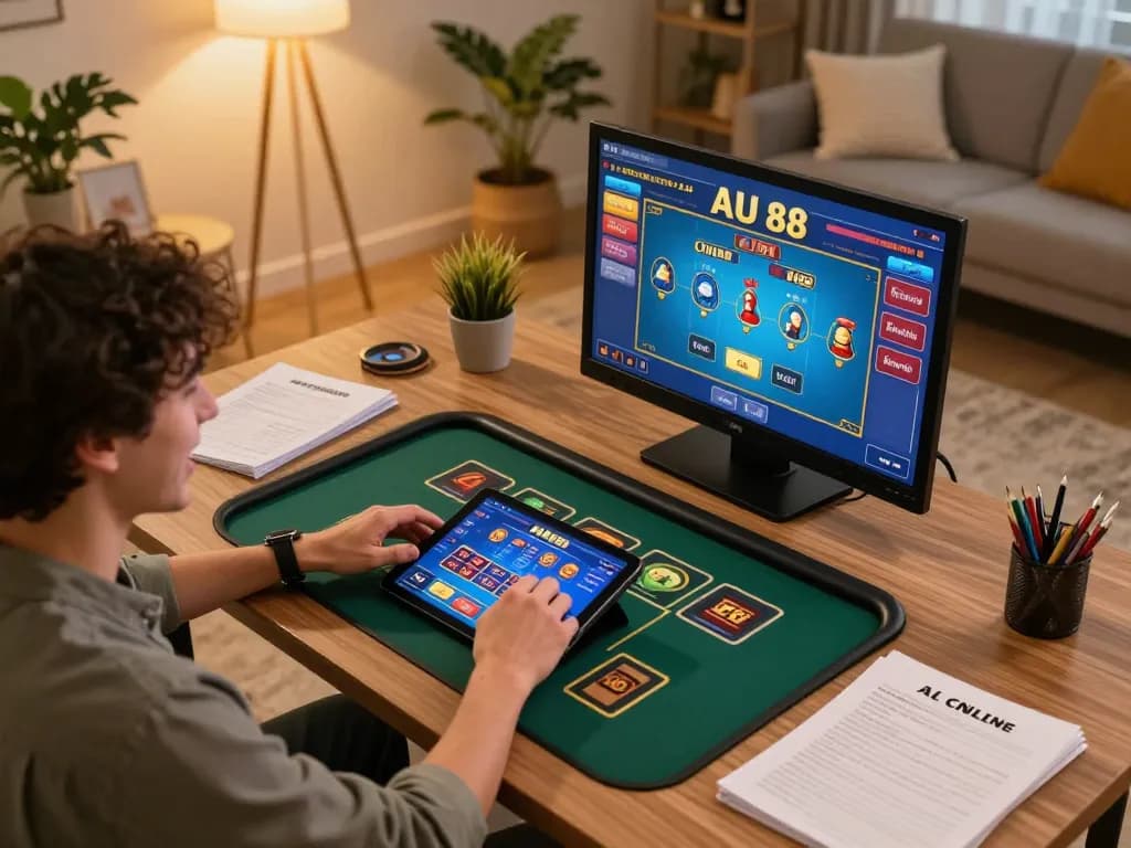 Player engaging with AU 88 on a tablet, showcasing dynamic live dealer gameplay in a cozy home setting.